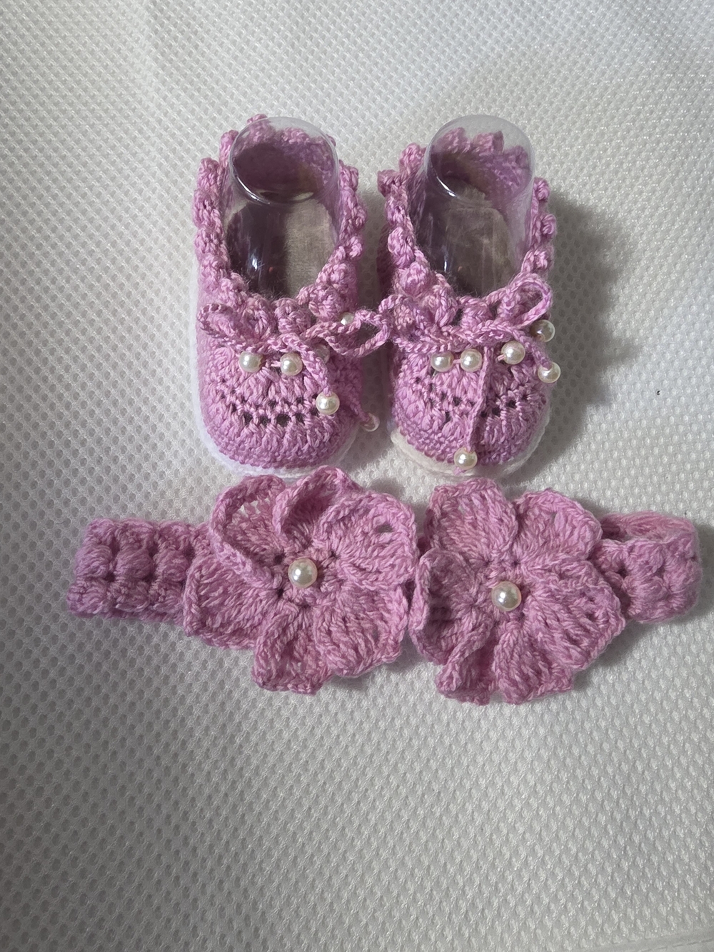 Handmade Pink and Lavender Crochet Baby Shoes and Headband Set